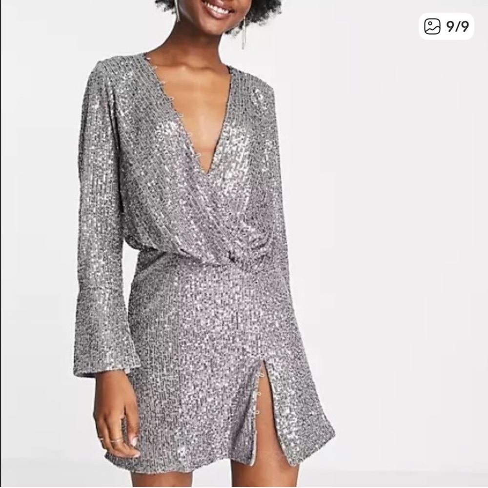 ASOS Silver Sequin Long Sleeve Dress
